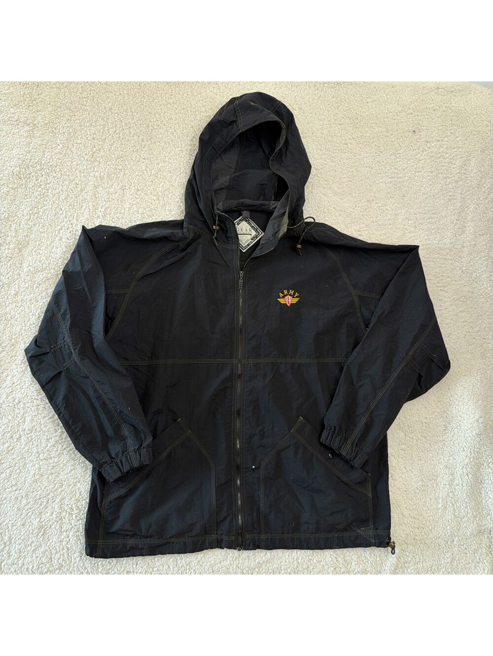 Vintage Gear For Sports Army Hooded Windbreaker Jacket Full Zip Black Men's L